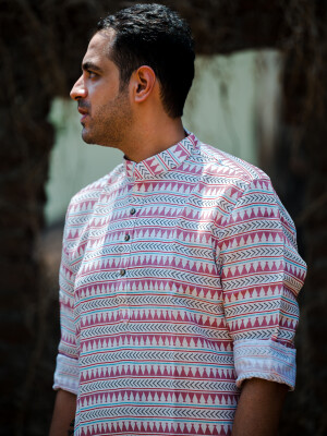 Beige Cotton Geometric Print Men's Kurta Ethnic Wear, Indian Fashion, Traditional Attire, Full-Length Sleeves, Modern Design, Comfortable Fabric