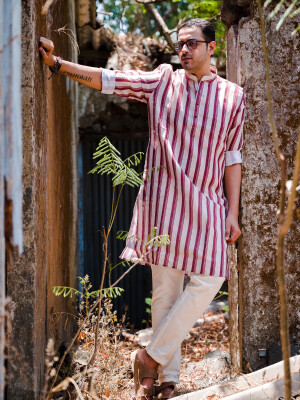 Beige & Maroon Cotton Stripe Men's Kurta , Ethnic Wear, Indian Fashion, Traditional Attire, Full-Length Sleeves, Timeless Pattern