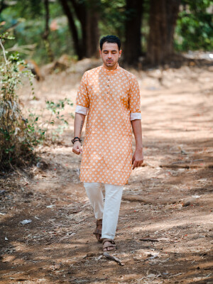 Saffron Orange Cotton Batik Print Men's Kurta , aditional Indian Attire, Intricate Patterns, Geometric Shapes