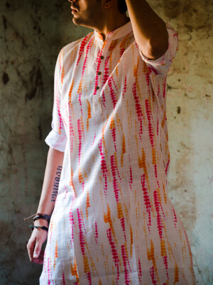 White Tie Dye Cotton Print Men's Kurta , Ethnic Wear, Indian Fashion, Traditional Attire, Traditional Menswear