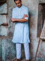 Sky Blue Cotton Stripe Men's Kurta Ethnic Wear, Indian Fashion, Traditional Attire, Full-Length Sleeves, Subtle Pattern