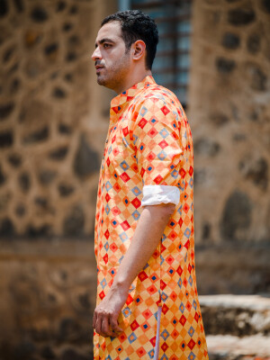 Yellow Cotton Print Men's Kurta , Ethnic Wear, Indian Fashion, Traditional Attire, Printed Pattern,  Traditional Men