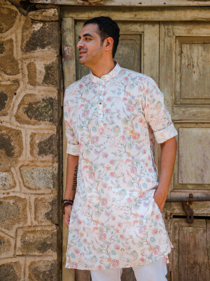 White Linen Cotton Floral Print Men's Kurta , Ethnic Wear, Indian Fashion, Traditional Attire, raditional Menswear