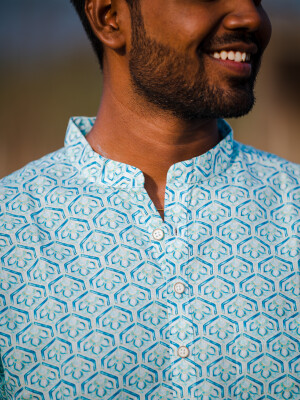 Blue Linen Floral Print Men's Short Kurta Ethnic Wear, Indian Fashion, Traditional Attire, Casual Kurtas