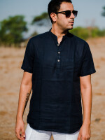 Navy Blue Plain Linen Men's Short Kurta  Ethnic Wear, Indian Fashion, Traditional Attire, Casual Kurtas