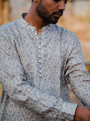 Mehendi Green Linen Print Men's Long Kurta  Ethnic Wear, Indian Fashion, Traditional Attire,Printed Pattern, Comfortable Fabric