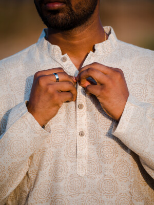 Beige Linen Print Men's Long Kurta Ethnic Wear, Indian Fashion, Traditional Attire,Traditional Menswear