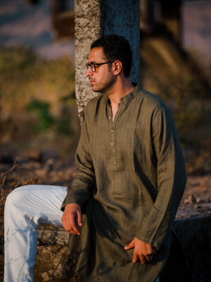 Olive Green Linen Stripe Men's Long Kurta  Ethnic Wear, Indian Fashion, Traditional Attire