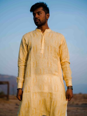 Haldi Yellow Floral Print Men's Kurta  Ethnic Wear, Indian Fashion, Traditional Attire, Festive Clothing