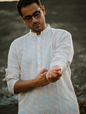 Orange Linen Print Men's Long Kurta Ethnic Wear, Indian Fashion, Traditional Attire,Comfortable Fabric