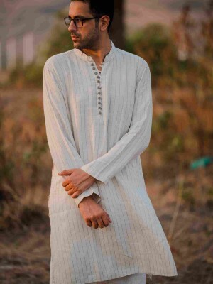 Beige Linen Stripes Men's Long Kurta Ethnic Wear, Indian Fashion, Traditional Attire,Versatile Outfit
