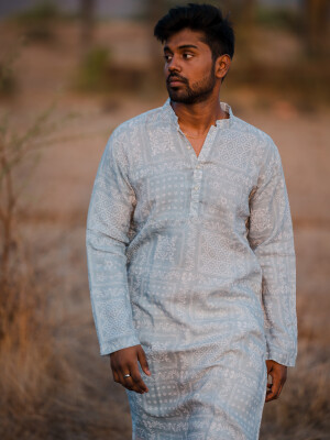 Sky Blue Linen Print Men's Long Kurta Ethnic Wear, Indian Fashion, Traditional Attire Versatile Outfit