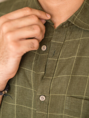 Olive Green Linen Checks Men's Shirt , Stylish and elegant shirts for Men