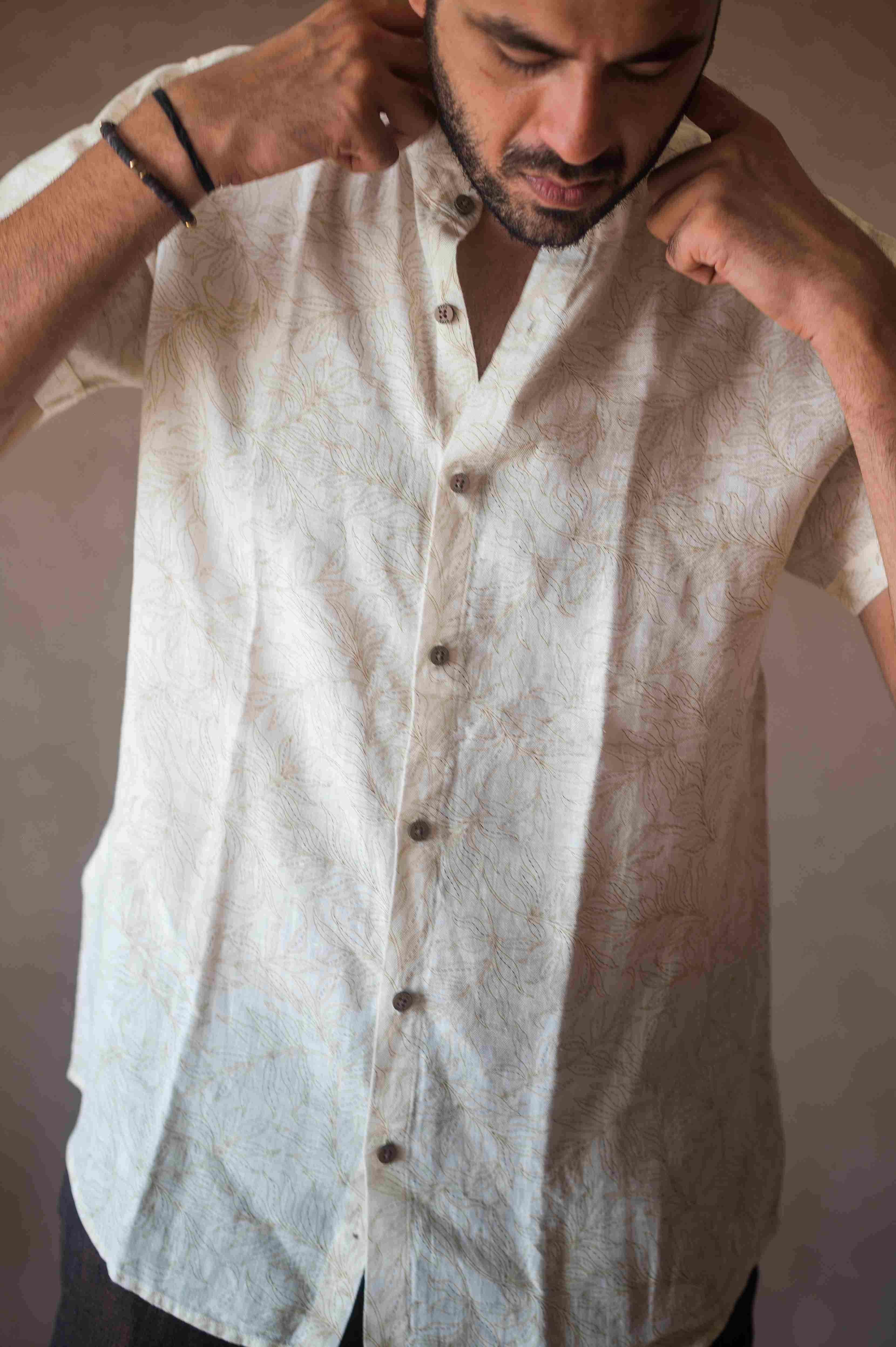 Off-White Linen Floral Print Men's Shirt , Relaxed Fit Floral Linen Shirt ,  Off-White Summer Fashion