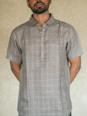 Grey Linen Checks Men's Short Kurta,Traditional, Casual, Summer Wear, Breathable, Comfortable, Versatile