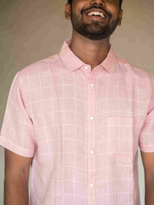 Baby Pink Linen Checks Men's Shirt  , Elegant and stylish comfortable shirt  for Men