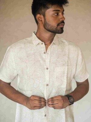 Off-White Linen Floral Print Men's Shirt , Elegant and Stylish off white shirt for Men