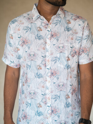 Blue Linen Floral Print Men's Shirt , Elegant and stylish shirts for Men
