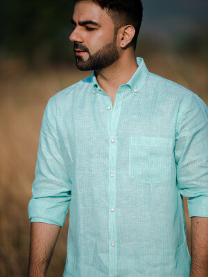Blue Linen Button Down Men's Stripe Shirt , Super classy and elegant shirt for men