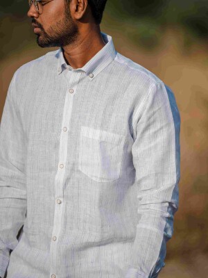 White Linen Button Down Men's Stripe Shirt , elegant stylish comfortable shirt for men