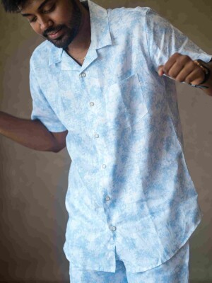 Sky Blue Tye Dye Linen Men's Co-ord Set Comfort, Coordinated Look, Artistic Design, Breathable Fabric
