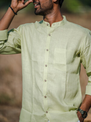 Pistachio Green Linen Mandarin Men's Shirt , elegant comfortable and stylish shirt for men