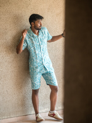 Turquoise Linen Fluid Print Men's Co-ord Men's, Co-ord Set, Fashion, Comfort, Coordinated Look