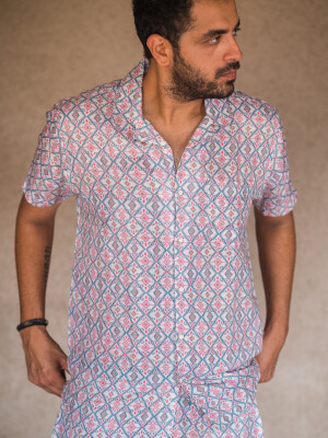 Pink Linen Print Men's Co-ord Set Comfort, Coordinated Look, Chic Design, Breathable Fabric, Versatile Style