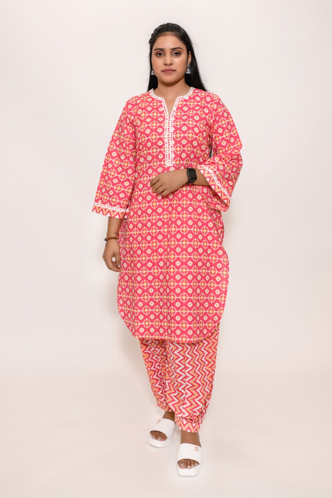 3 Piece Salwar - 100% Cotton pink salwar with white prints.White and p