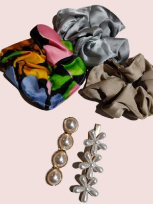 Plain and multicolor scrunchies with Pearl hair clip, Stylish, versatile, plain scrunchies, high-quality fabric, comfortable