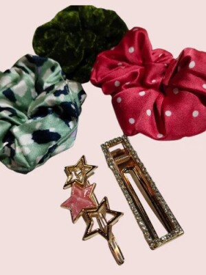 Polka print scrunchies with Hair clip,  hair clip, playful, whimsical, classic, outfit complement, matching set