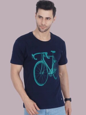Men Navy Blue Manedwolf Cycle Print on chest, Quality Fabric, Cotton Blend, Comfortable Wear, Contemporary Fashion