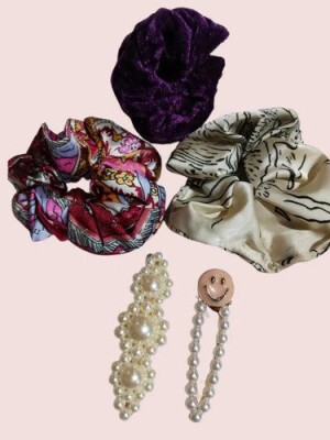 Printed silk scrunchies with pearl hair clip, Printed, silk scrunchies, pearl hair clip, exquisite, luxurious, finest silk material
