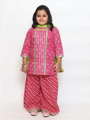 Bandhej Kurti With Leheriya Plazzo Suit And Dupatta  Cotton Kurta with Pants Festive Kurta Pants Pair Cultural Embroidered Set ​