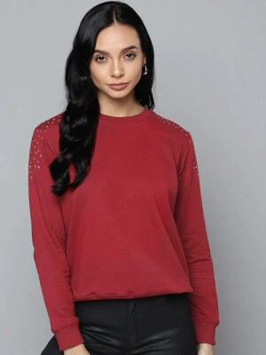 Maroon Shoulder Studded Terry Sweatshirt Terry Sweatshirt, Rich Color, Stud Detailing, Edgy Style, Cozy Fabric, Relaxed Fit