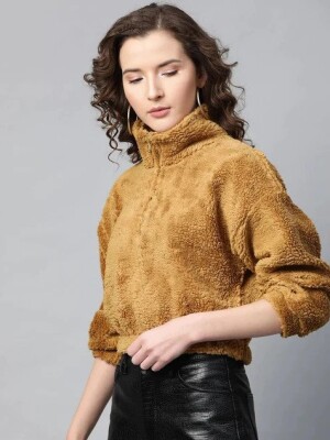 Mustard Zip Front Faux Fur Crop Sweatshirt rop Length, Stylish, Cozy, Ribbed Cuffs, Ribbed Hem, Trendy