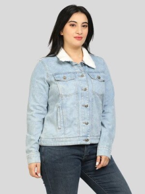 Ice Blue Denim Jacket Cozy Fabric, Relaxed Fit, Ribbed Hem, Fashion, Casual Wear Comfortable, Street Style