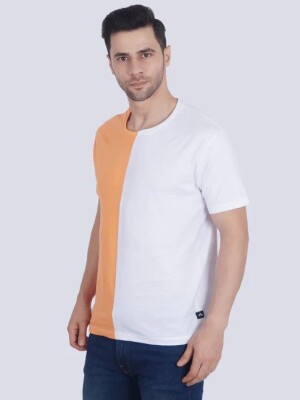 Orange & White Manedwolf Color Block T-shirt, Versatile Style, Casual Wear, Modern Look, Artistic Print, Soft Texture