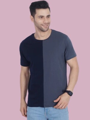 Navy & Grey Manedwolf Color Block T-shirt, Versatile Style, Casual Wear, Modern Look, Artistic Print, Soft Texture