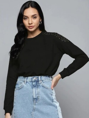 Black Shoulder Studded Terry Sweatshirt, Stylish, Unique Design, Bold, Comfortable, Wardrobe Essential , Comfortable Fabric, Relaxed Fit