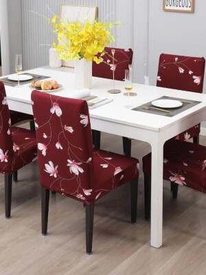 Premium Polyester Spandex Printed Chair Cover Pack of 6 Stretch Removable Washable Short Dining Chair Cover Protector Seat Slipcover(Maroon Floral)