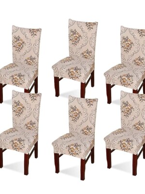 Premium Polyester Spandex Printed Chair Cover Pack of 6 Stretch Removable Washable Short Dining Chair Cover Protector Seat Slipcover(Beige Floral)