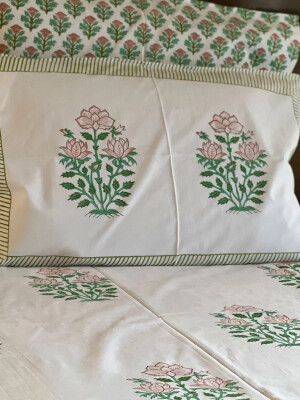 Peacoy ,King size, Elegant Hand Block Printed ,Pure Cotton,Green and pink flowers printed bed sheet