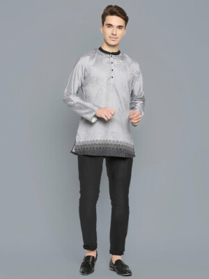 Grey Poly-Cot Digital Printed Dupion Slub Men Short Kurta