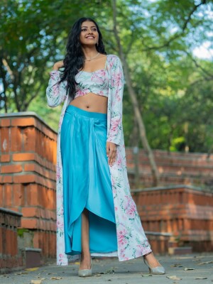 Teal floral print women's bustier full length shrug with draped calf length Skirt