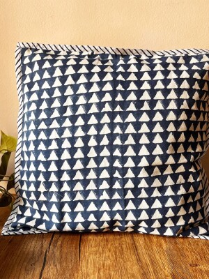 Blue White Triangle Cotton Cushion Cover - 16 x 16 inches