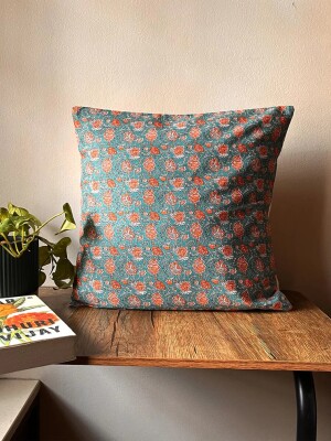 Muted Garden Bloom Block Print Cotton Cushion Cover - 16 x 16 inches
