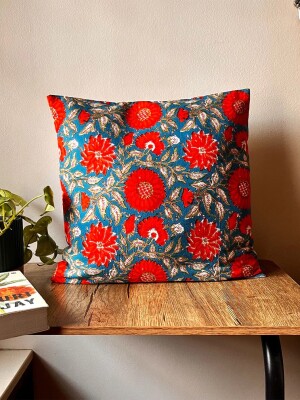 Bright Red Block Print Cotton Cushion Cover - 16 x 16 inches