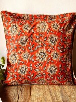 Muted Orange Bloom Block Print Cotton Cushion Cover - 16 x 16 inches