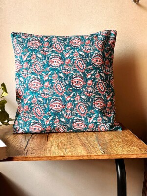 Garden Bloom Block Print Cotton Cushion Cover - 16 x 16 inches